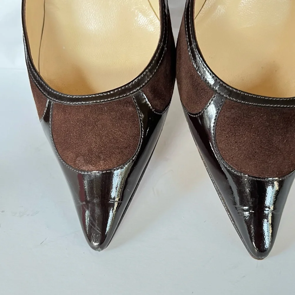 Jimmy Choo brown suede patent leather kitten heels 37.5